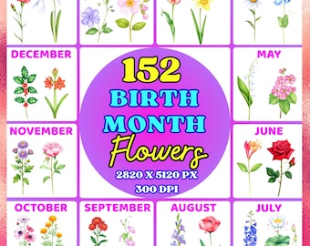 Birth Month Flower Clipart – 152 Watercolor PNGs – 2 Flowers for Each Month, Floral Botanical Set for Birthday, Scrapbook – Instant Download