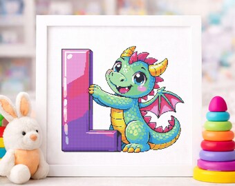 Dragon Letter L Cross Stitch Pattern PDF – Kids Nursery Wall Art – Color Chart – Instant Download – DMC Color Key – 14 Count Aida