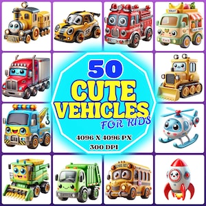 Puede incluir: Una colección de 50 vehículos de dibujos animados lindos para niños. Los vehículos son de varios colores y diseños, incluyendo un tren, un camión de bomberos, un autobús escolar, un helicóptero, un tractor, un camión y un cohete. La imagen incluye el texto "50 Cute Vehicles for Kids" y "4096 x 4096 px 300 DPI".
