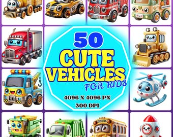 Cute Vehicles Clipart for Kids – 50 PNGs of Cars, Buses, Tractors, Rockets & More – Perfect for Crafts and Invitations – Instant Download
