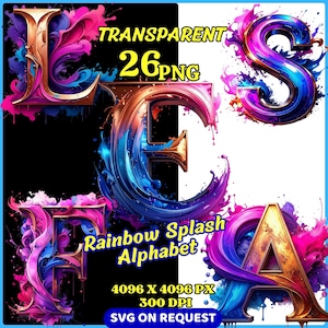May include: A digital art image featuring a rainbow splash alphabet. The letters are in gold with vibrant blue, pink, and purple paint splashes. Text includes "TRANSPARENT 26 PNG", "Rainbow Splash Alphabet", and resolution details.