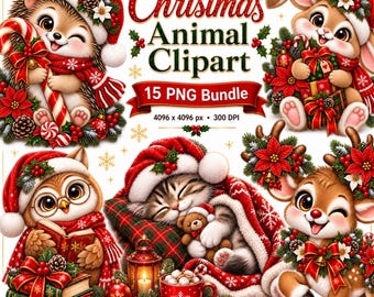 Christmas Animal Clipart Bundle, Cute Woodland Animals PNG, 15 Christmas PNGs, Sublimation Designs, T-Shirt Mug Craft PNG, Digital Download
