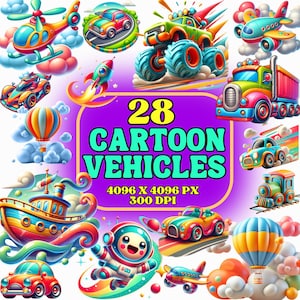 Könnte beinhalten: Eine farbenfrohe Illustration mit 28 Cartoon-Fahrzeugen, darunter Autos, Lastwagen, Flugzeuge und ein Hubschrauber. Das Bild hat einen lila Hintergrund mit dem Text "28 Cartoon Vehicles". Das Bild ist 4096 x 4096 px und 300 DPI.