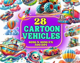 Imágenes prediseñadas de vehículos lindos: 28 dibujos PNG de coches, trenes, aviones y camiones. Paquete de transporte infantil, arte infantil, scrapbooking y descarga digital.