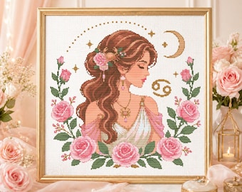 Patrón de punto de cruz del signo zodiacal Cáncer en PDF, gráfico de bordado de astrología femenina, punto de cruz contado con el signo Cáncer floral, patrón de dama celestial