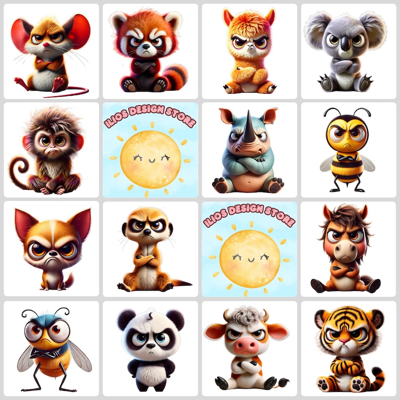 Grumpy Cute Animals Clipart – 26 Funny Angry Animal PNGs – 3D Cartoon Graphics for Sublimation, Stickers, Printables, T-Shirts, Crafts