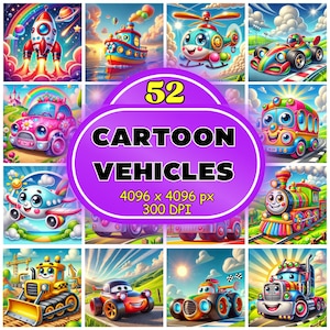 Cute Vehicles 52 Clipart, Cartoon Cars Clipart, Kids Vehicles, Cute Cars, Cute Trains, Kids Airplanes, Vehicles Bundle, Digital Download