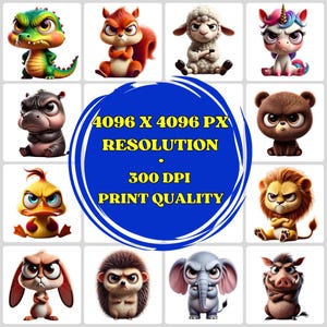 Grumpy Cute Animals Clipart – 26 Funny Angry Animal PNGs – 3D Cartoon Graphics for Sublimation, Stickers, Printables, T-Shirts, Crafts