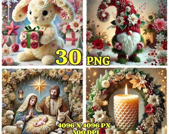 Paquete de imágenes prediseñadas florales navideñas – 30 PNG - Ilustraciones navideñas en acuarela - Papá Noel, conejo, árbol, corona, gnomo - Descarga digital