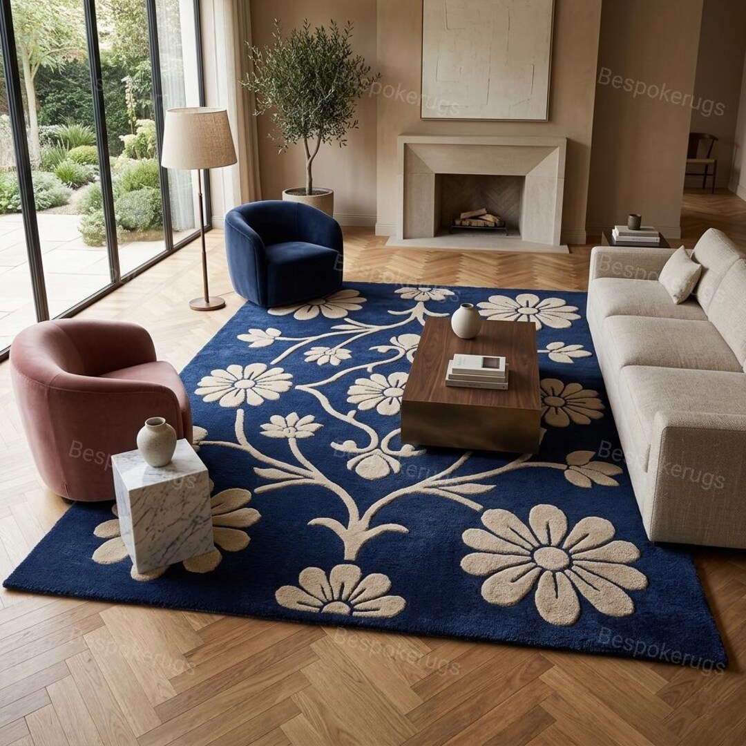 Hand Tufted Navy Blue Wool Floral Area Rug | Geometric Living Room ...