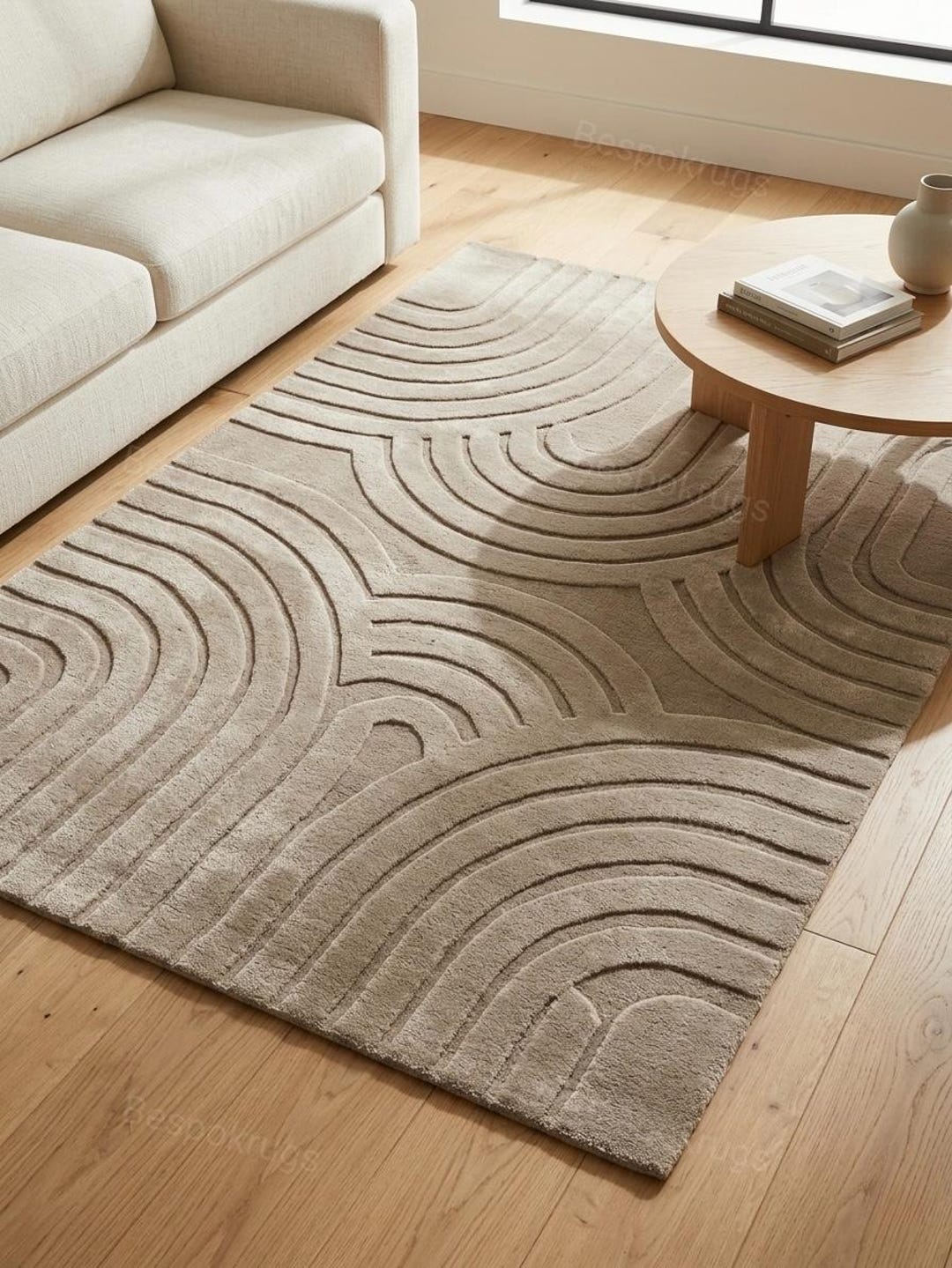 Modern 3D Arched Tufted Wool Rug - Minimalist Neutral Beige Area Rug ...