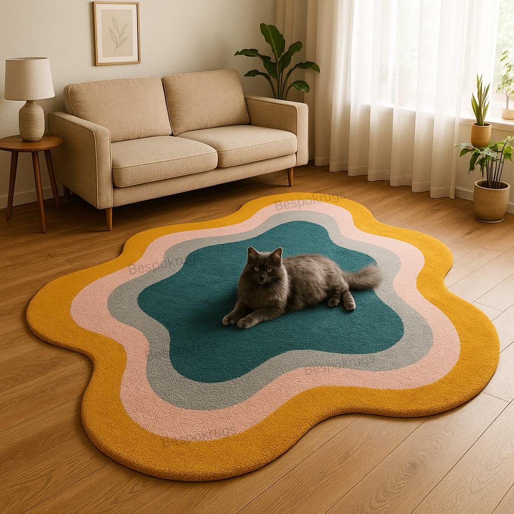 6x6ft Retro Wavy Rug with Cat – Multicolor Abstract Area Rug | 5x5