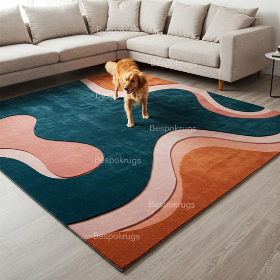 2,50 x 3 m moderner abstrakter Teppich mit geometrischem Wellen-Design | Zeitgenössischer Wohnzimmerteppich, Künstlerisches Wohndekor