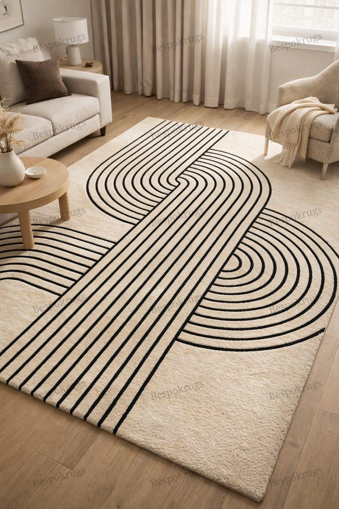 Bold Black & Beige Ivory Abstract Curve Hand-tufted Wool Rug – Modern ...