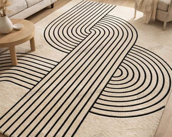 Bold Black & beige Ivory Abstract Curve Hand-Tufted Wool Rug – Modern Graphic Designer Area Rug
