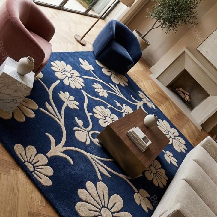 Hand Tufted Navy Blue Wool Floral Area Rug | Geometric Living Room ...