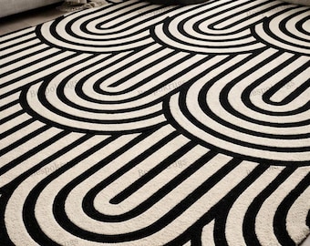 Bold Black & Ivory Abstract Curve Hand-Tufted Wool Rug – Modern Graphic Designer Area Rug