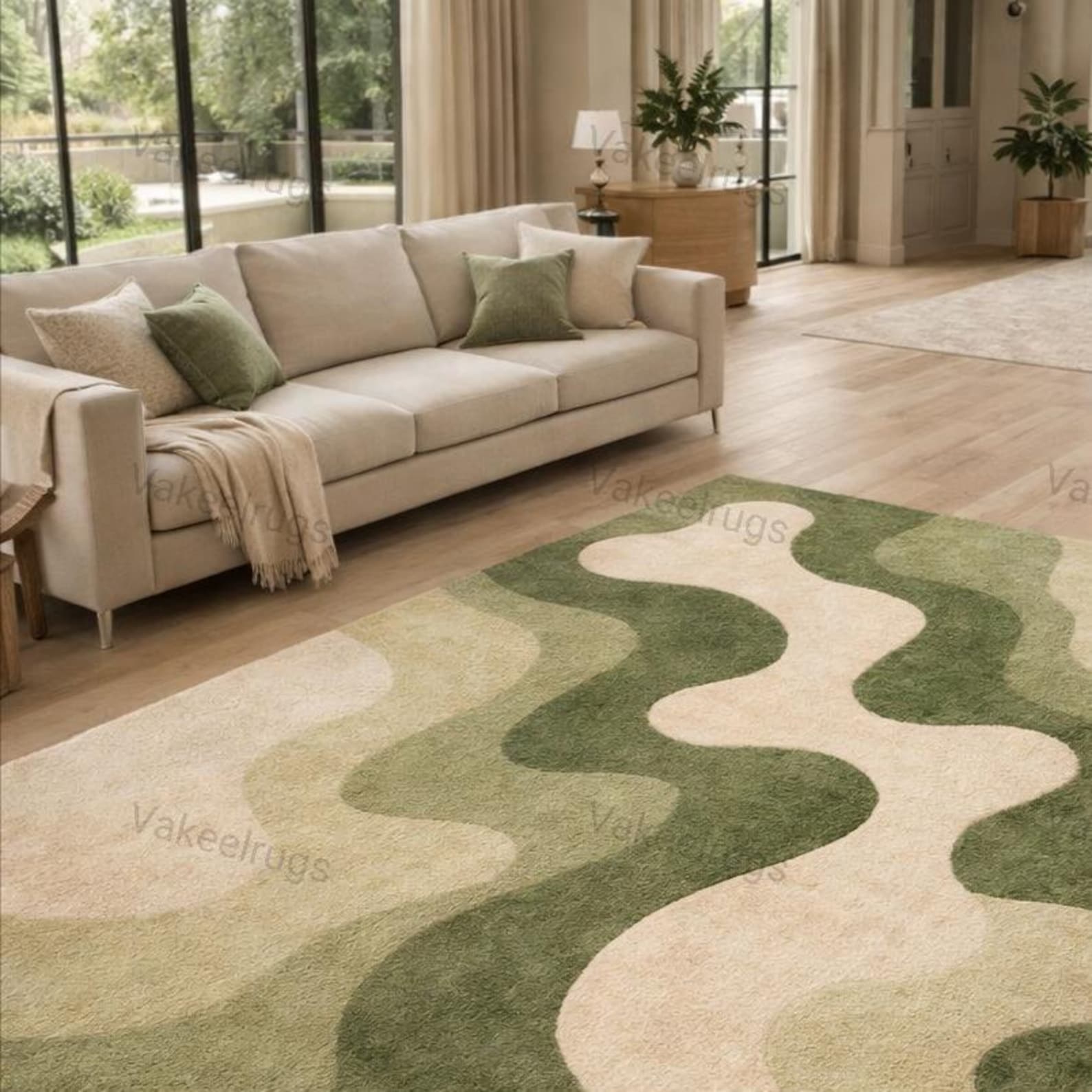 Muted Rug 5x8ft Large Area Muted Rug Organic Wave Pattern Rug in Green & Cream ...