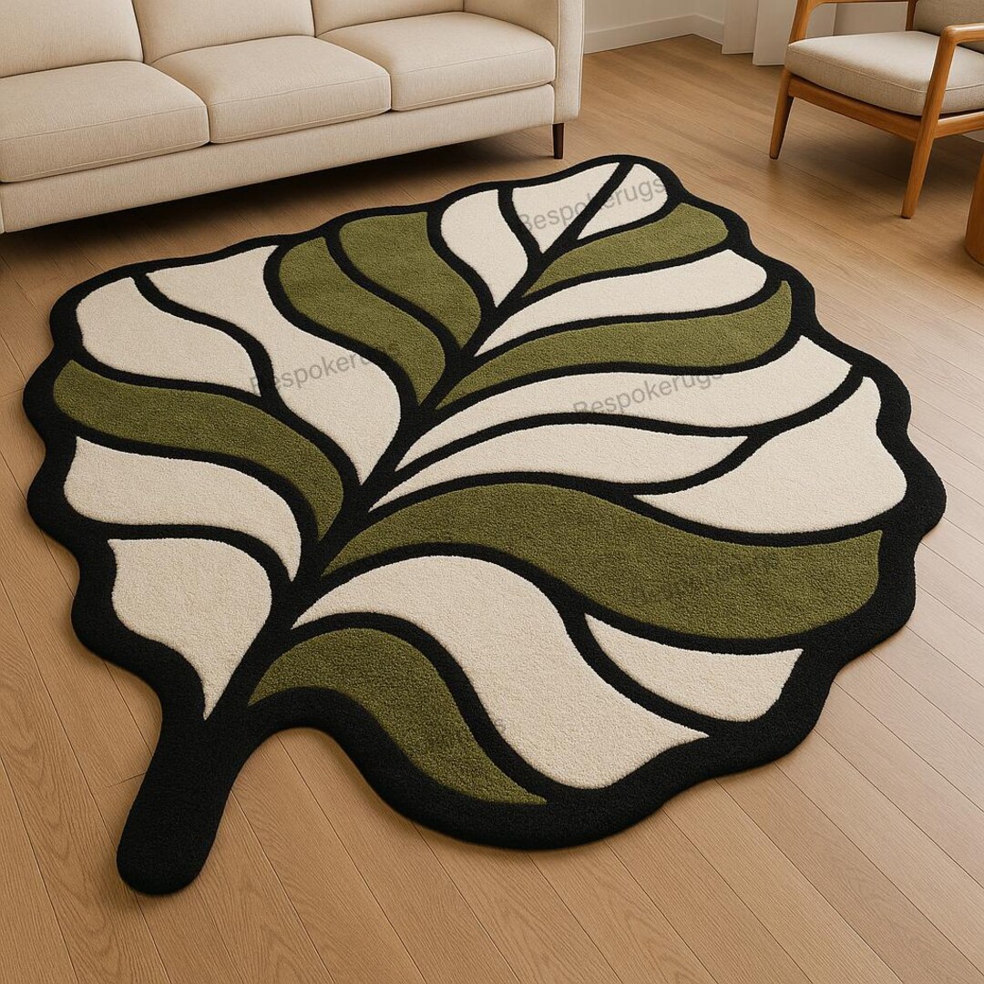 Leafy Handmade Rug Large Leaf Shaped Rug – 5x7 FT – Handmade Modern Botanical Rug – Green ...