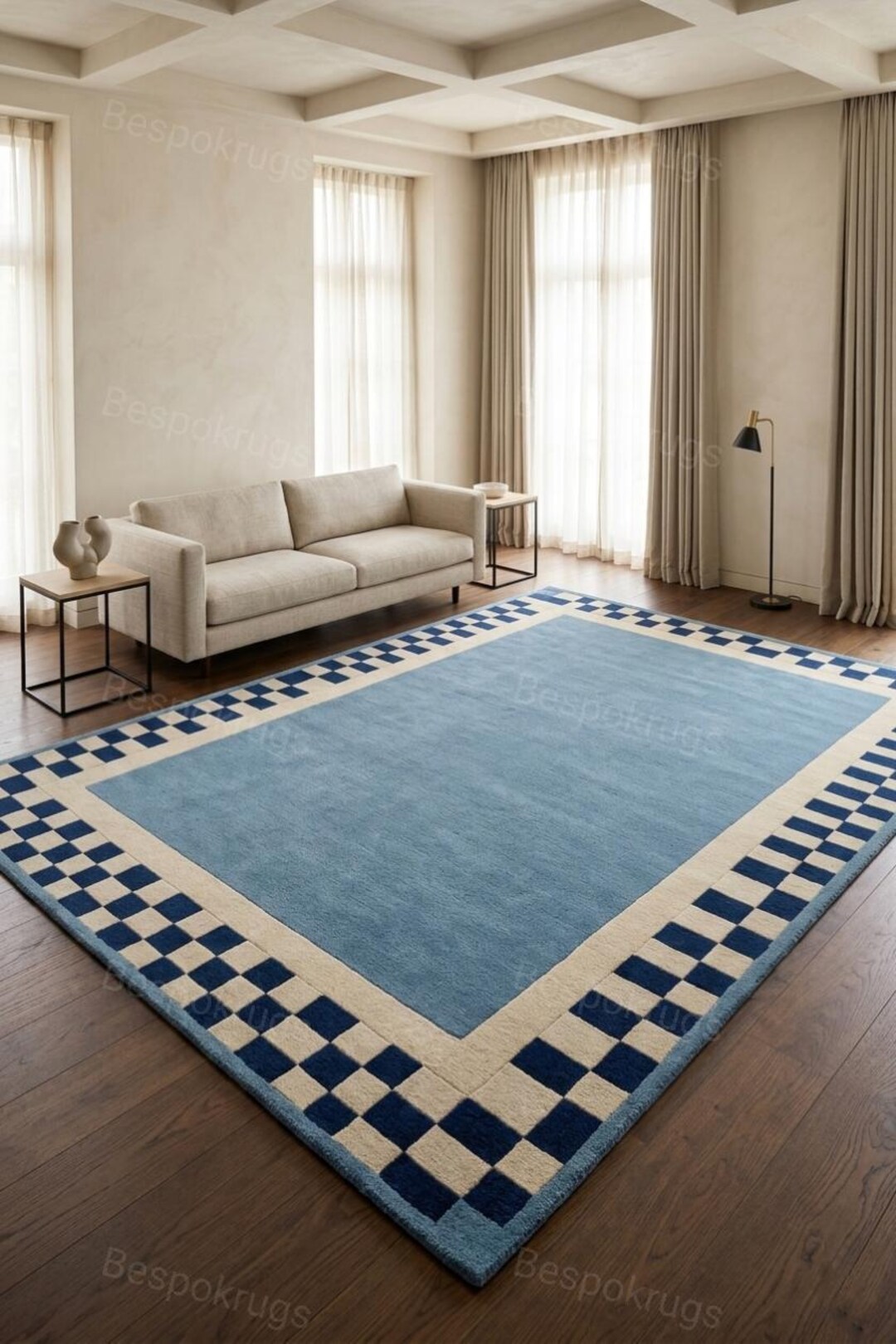 Blue Checked Rug Handmade Blue Checkered Border Wool Rug – Modern Minimalist Statement ...