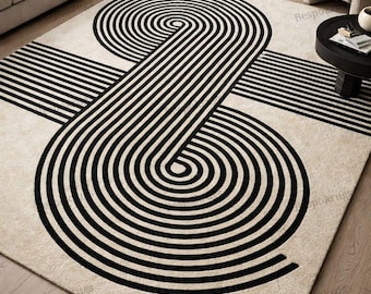 Bold Black & Ivory Abstract Curve Hand-Tufted Wool Rug – Modern Graphic Designer Area Rug