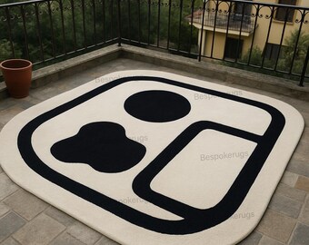 5x5ft/ 6x6ft Modern Abstract Bento-Inspired Rug –Minimalist Black & White Geometric Design 7x7ft Soft Hand-Tufted Area Rug for Patio,Balcony