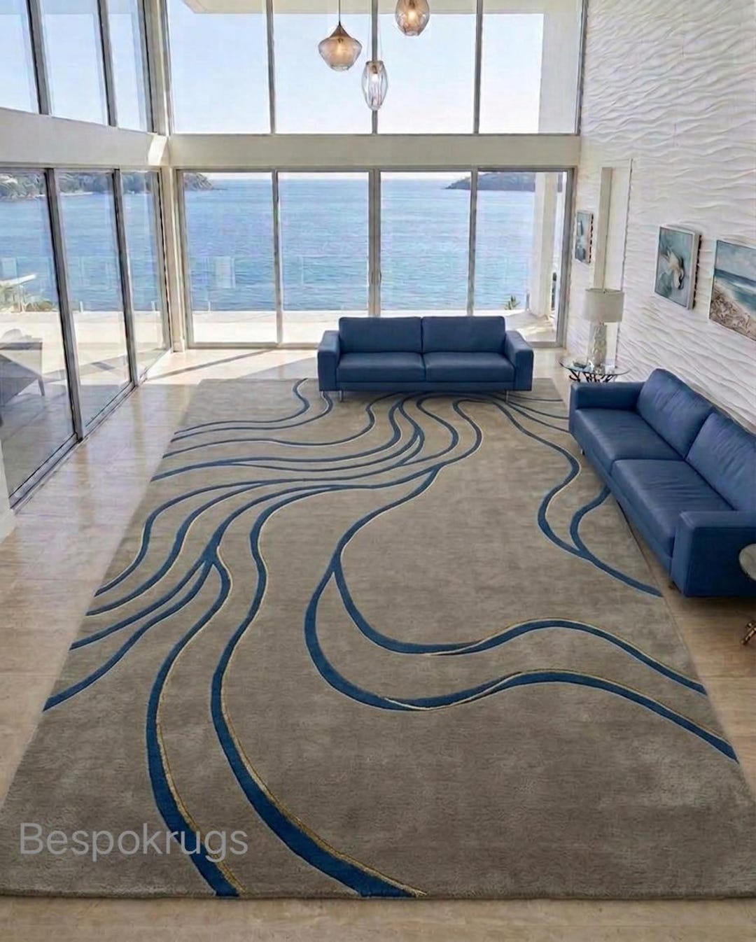 Modern Abstract Blue Wave Hand Tufted Wool Rug | Luxury Coastal Area ...
