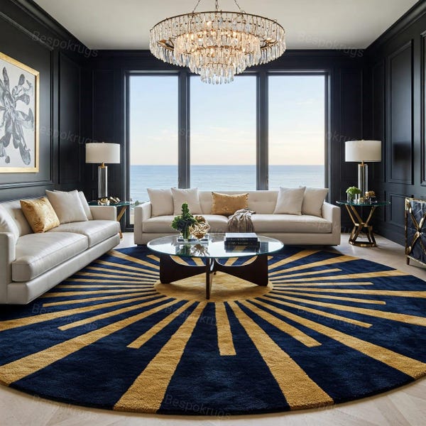 Alfombra redonda con diseño de rayos de sol en azul marino y dorado – Alfombra de estilo art déco (2,44 m de diámetro)