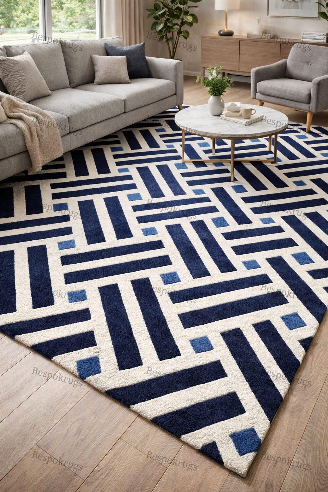 Ivory Maze Rug Midnight Maze – Modern Blue & Ivory Geometric Handcrafted Rug Tufted ...