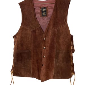 VTG Western Vest Size XL Seude 1970&#39;s Pointed Yoke Brown Leather Top Rodeo Ranch