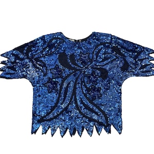 Vintage Women's Sequin Top 100% Silk Royal Blue with Star Designs Sparkly Fun