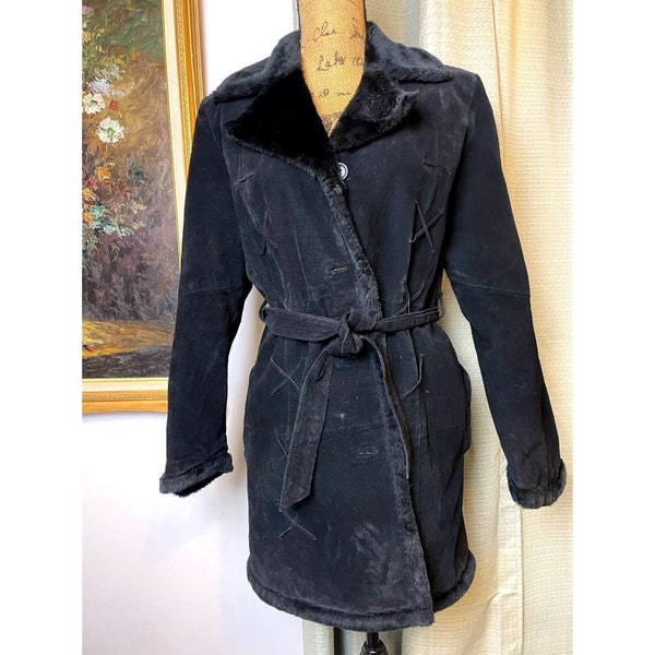 Vintage Black Leather Nordic Style Coat, Neutral Zone Western Style Jacket MED