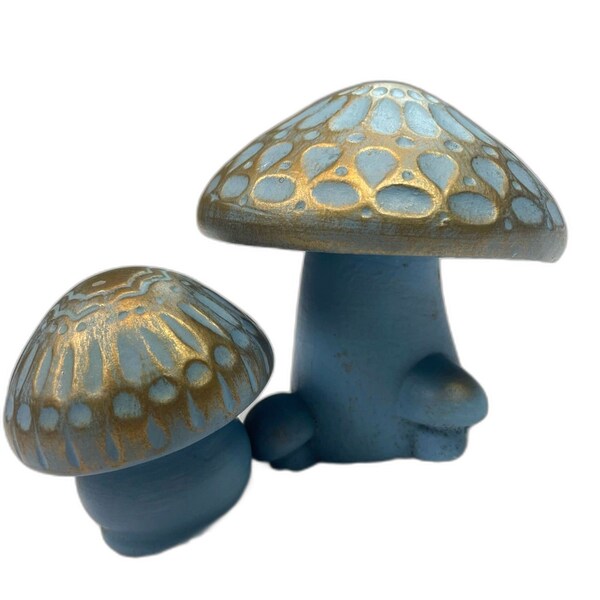 Mid Century Mushroom Ceramic Figurines Small Two Blue and Gold, Mushroom Decor