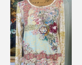 Women's Sundance Y2K Style Shirt, Embroidered Beaded Scoop Neck Floral Blouse