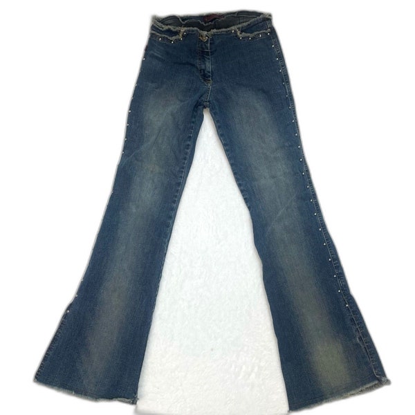Y2K 00's Women's Jeans Ultra Low Rise Flared Bell Bottoms Raw Edge Studded XS