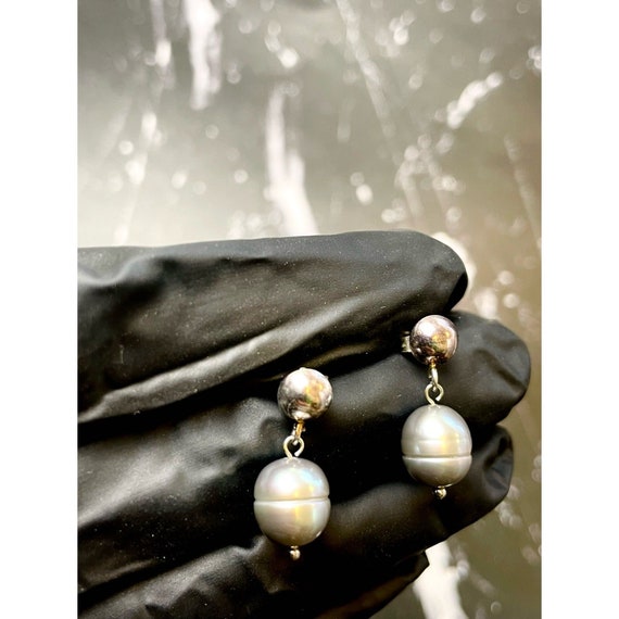 VTG Sterling Silver Black Pearl Drop Earrings, Fr… - image 1