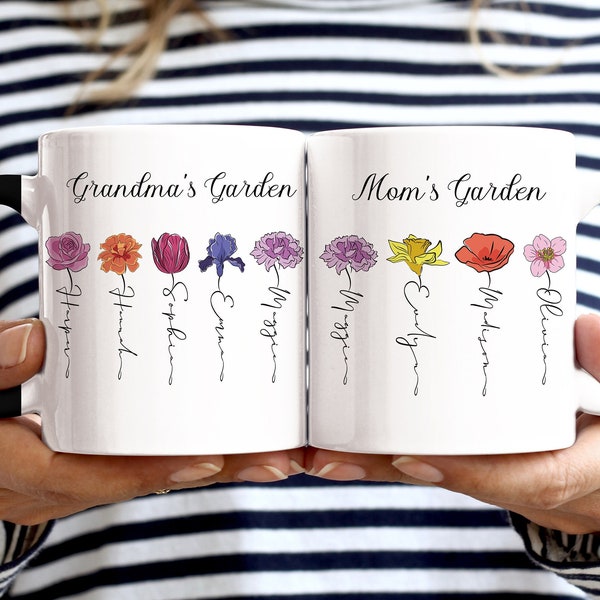 Mug nom de famille fleur de naissance, tasse à café florale personnalisée pour la fête des mères, tasse jardin des mamans/jardins des mamies, idées cadeaux pour grand-mère