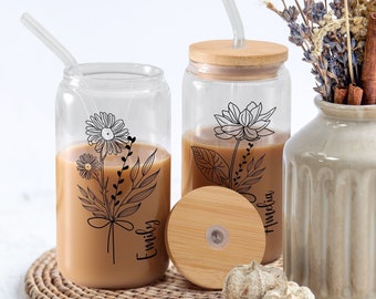 Custom Birth Flower Glass Tumbler with Lid and Straw, Frosted Iced Coffee Cup with Name, Personalized Glass Can for Her, Bridesmaid Gift