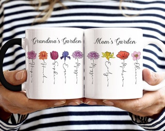 Birth Flower Family Name Mug, Custom Floral Coffee Mug for Mother's Day Gift, Mamas Garden/Grandmas Garden Mug, Gift Ideas for Nana