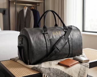 Custom Leather Garment Duffle Bag, Men Convertible Suit Shoe Compartment, Travel Overnight, Groomsmen Father’s Day Gift Graduation