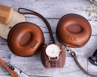Personalized Watch Box for Men –  Crazy Horse Leather Travel Watch Case, Groomsmen or Wedding Gift, Brown Watch Box for Him