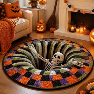 May include: A round rug featuring a 3D optical illusion of a deep hole with a skeleton emerging from the center. The rug has a checkered border in orange, black, purple, and green, with a spiraling pattern leading into the dark center hole.