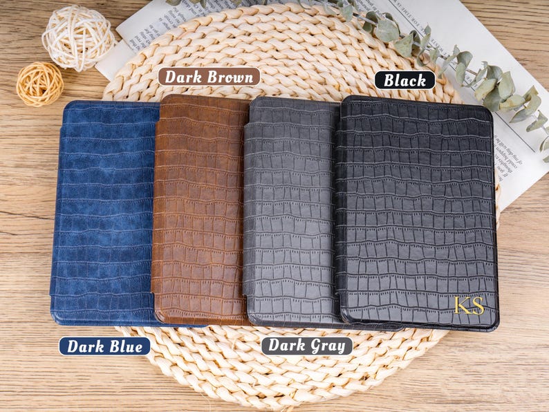 crocodile pattern leather Kindle cover with custom name embossing in gold foil