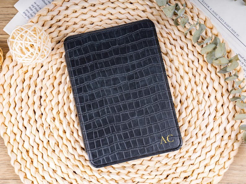 Elegant personalized Kindle case in coffee brown crocodile pattern leather