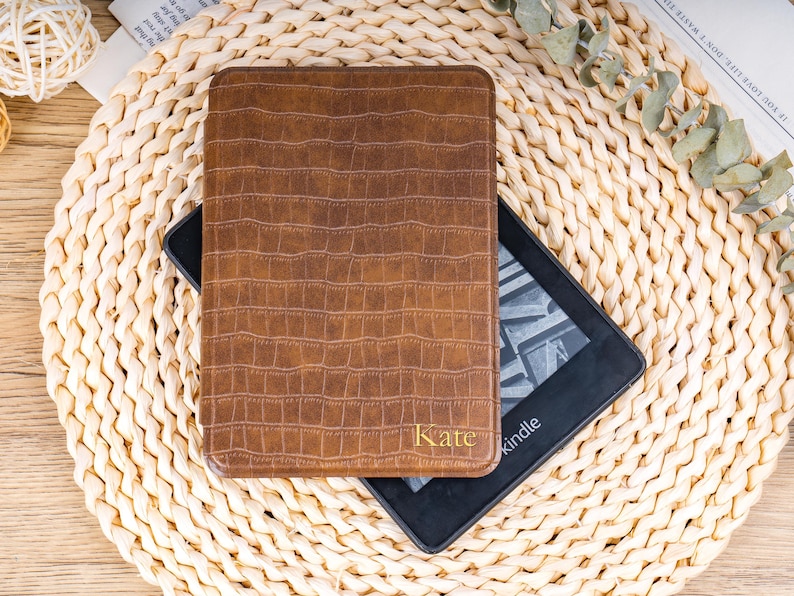 Crocodile leather Kindle case with personalized gold foil initials for Kindle Paperwhite 12th generation