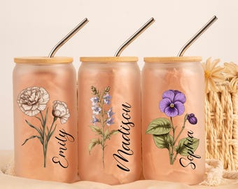 Personalized Birth Flower Glass Tumbler, Birth Flower Glass, Coffee Cup, Gift for Bridesmaid Proposal, Birth Flower Mothers Day Gift