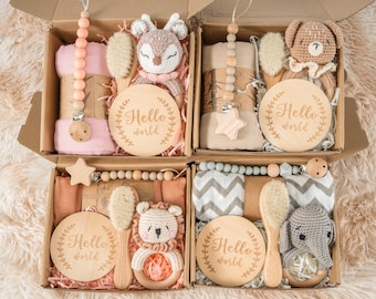 Pudełko na prezent na baby shower z szydełkowanym łańcuszkiem do smoczka w kształcie zwierzątka, zestaw grzechotek dla niemowląt, pudełko powitalne dla dziecka, pudełko na prezent dla noworodka, pudełko na prezent dla noworodka