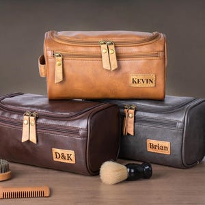 Custom engraved PU leather toiletry bag with handle – gift for boyfriend or husband