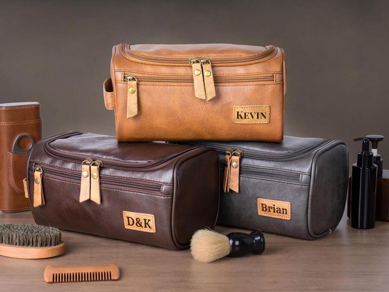 Custom engraved PU leather toiletry bag with handle – gift for boyfriend or husband