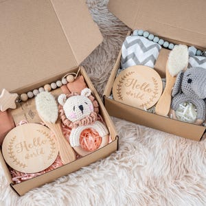 Neues Baby Geschenkset, Personalisierte Neugeborenen Baby Geschenkbox, Gehäkelte Tierrasselkette, Baby Shower Geschenk, personalisierte Babybox, Baby Shower Geschenkbox